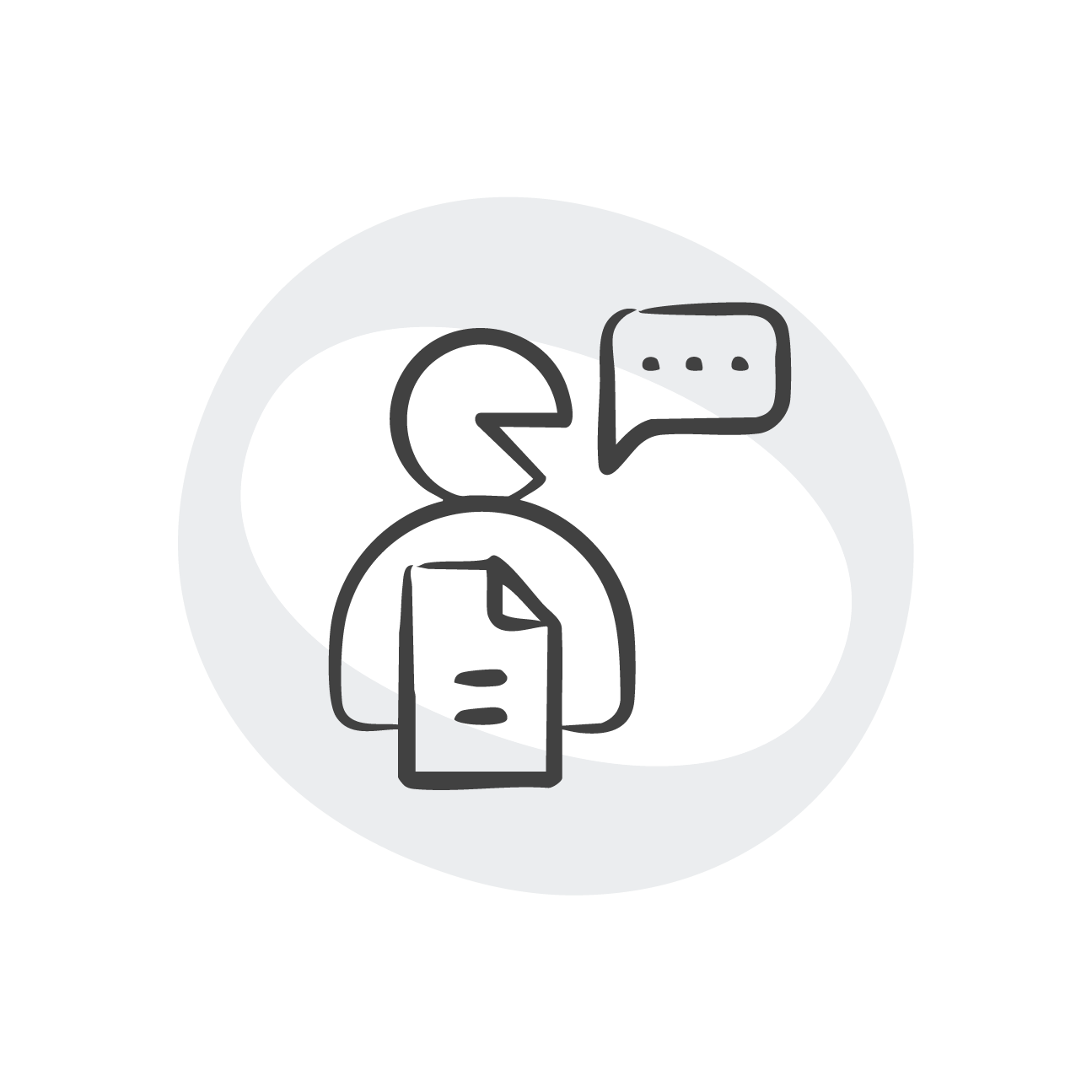 Line drawing of a person holding a sheet of paper, with a speech bubble indicating talking, inside a circular background.