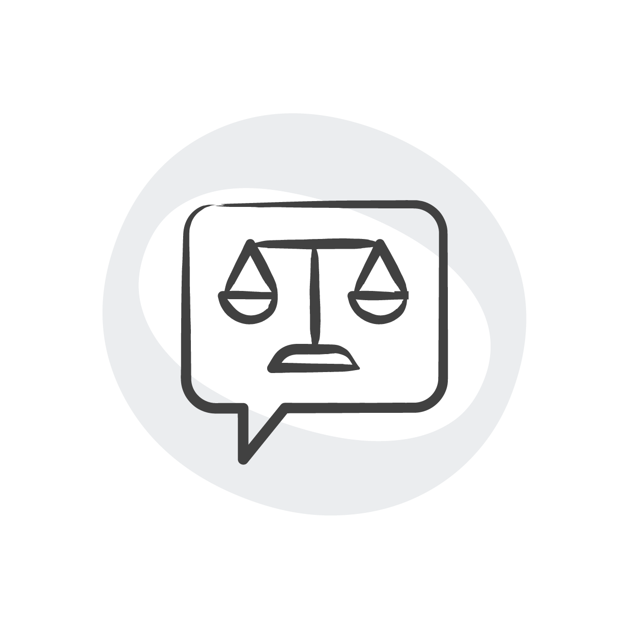 Line drawing of a speech bubble with a weighing scale symbol inside it, inside a circular background.