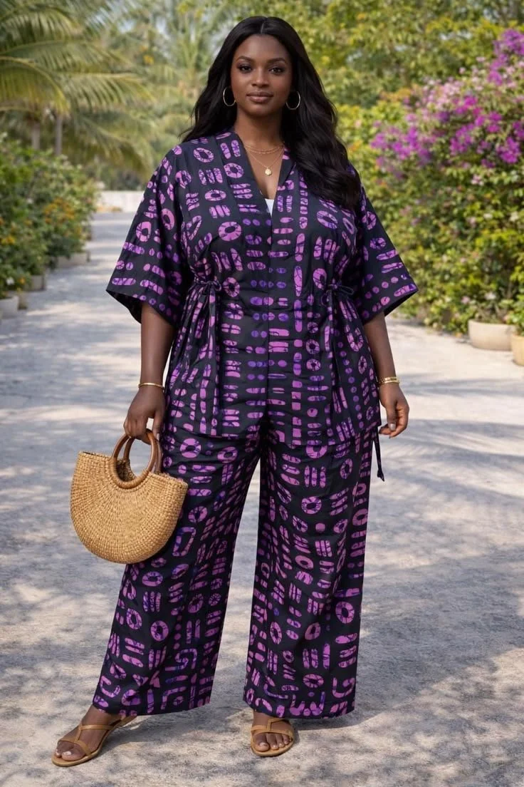 Faux Silk Kimono Set with Tie-Dye Print