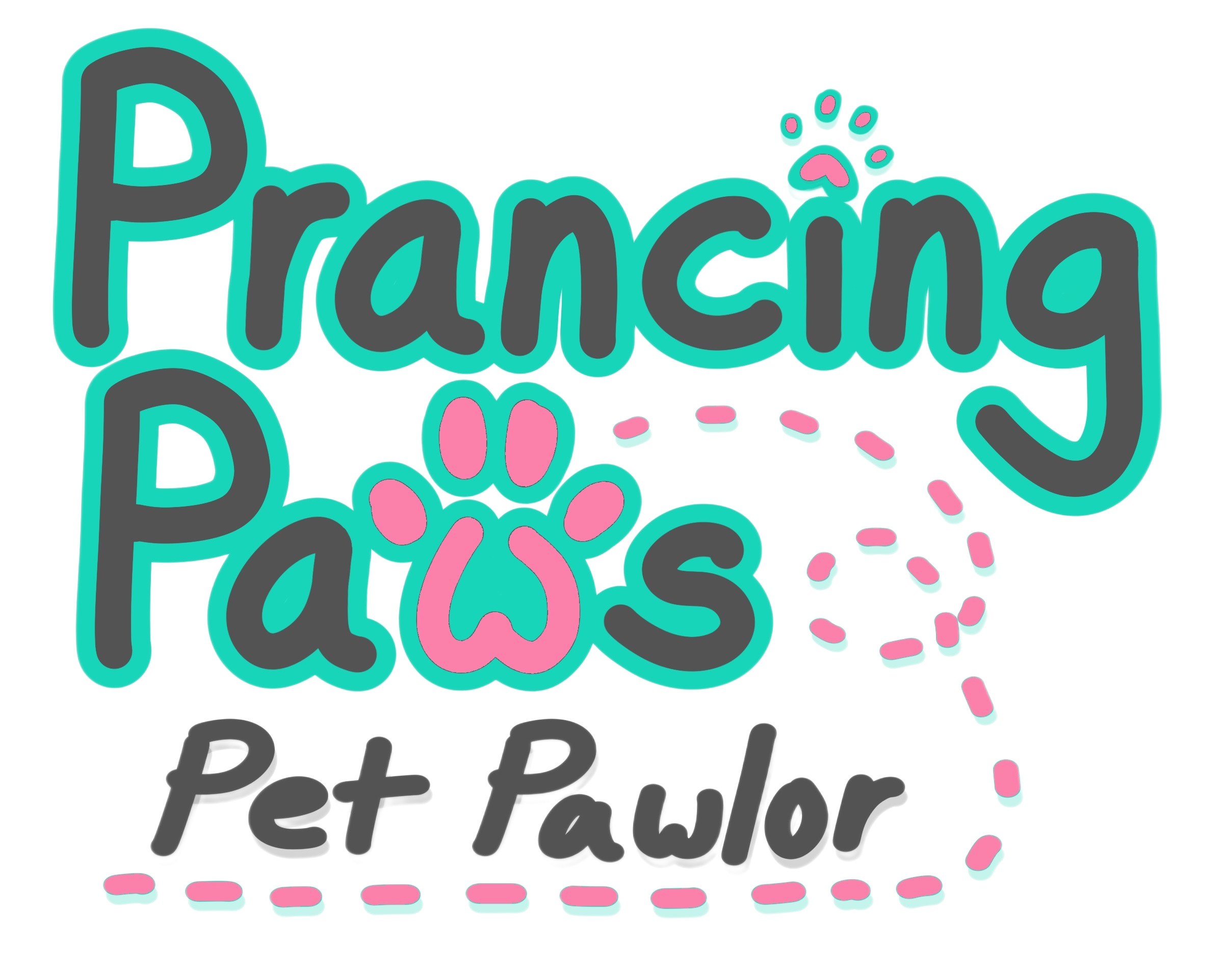 Colorful logo for 'Prancing Paws Pet Pawlor' with stylized text, paw print, and dotted trail.