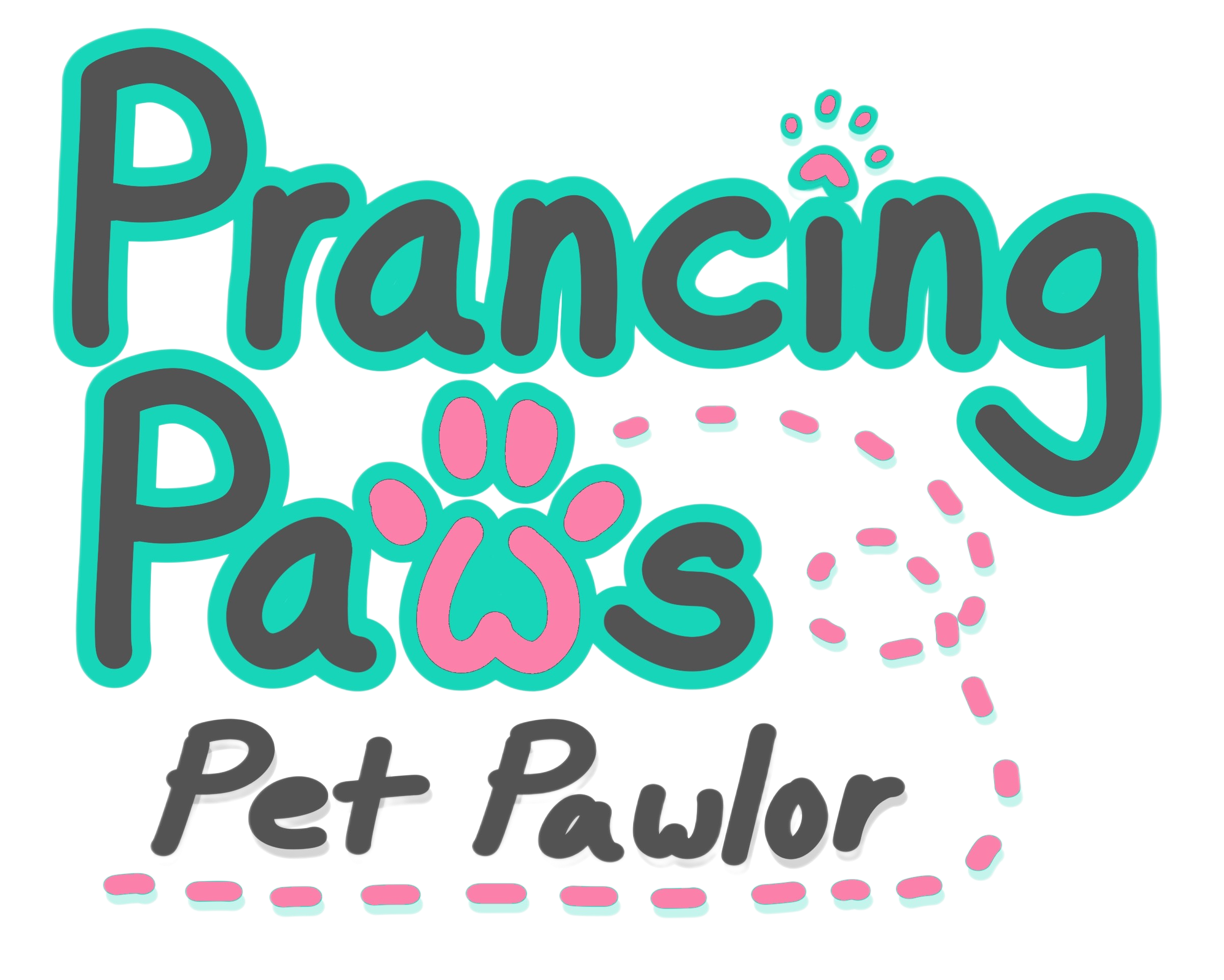 Logo for Prancing Paws Pet Pawlor featuring stylized text, a pink paw print, and a dotted outline.