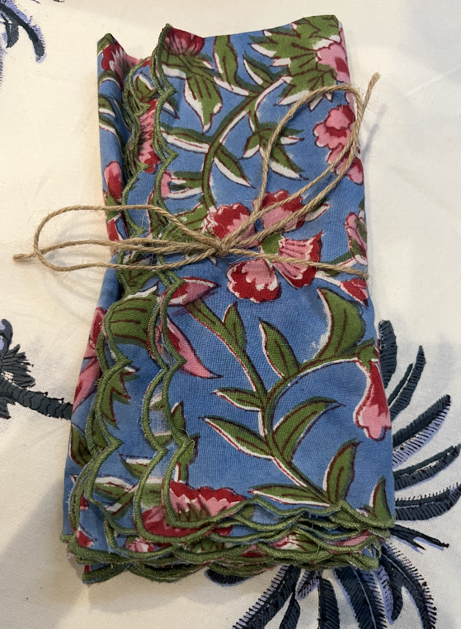 Milun Blue and Pink Floral Scalloped Napkins  -  Set of 4