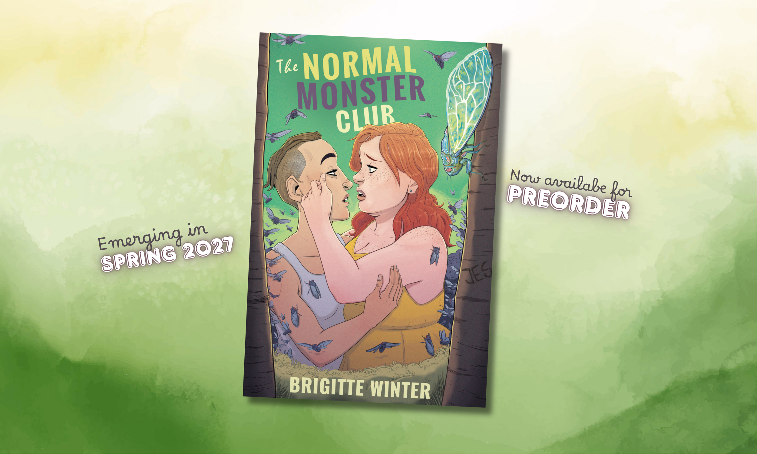 Book cover for the Normal Monster Club featuring two women nearly kissing in a forest surrounded by flying cicadas.
