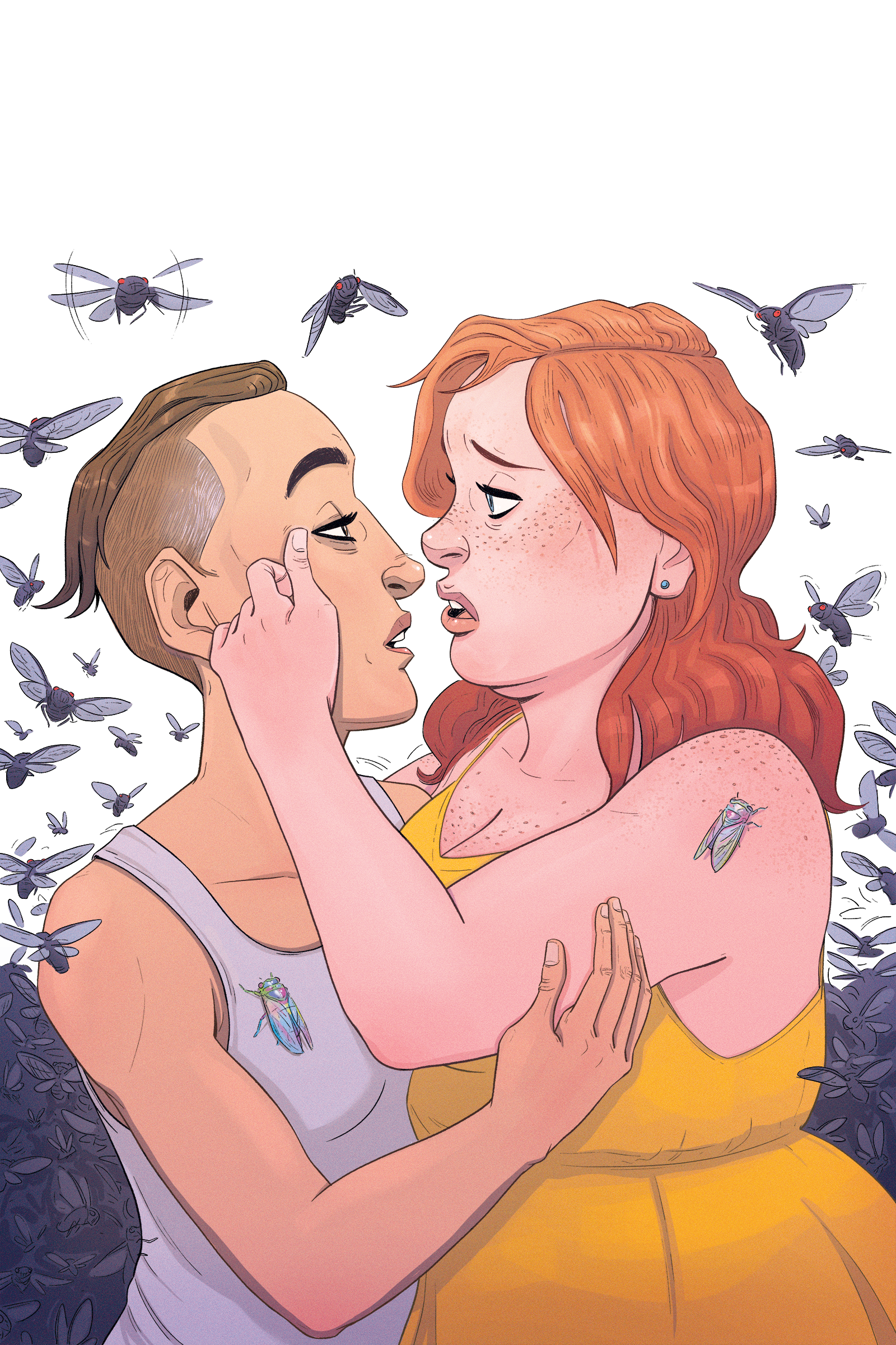 Illustration of two women about to kiss while a swirl of cicadas swarms around them.