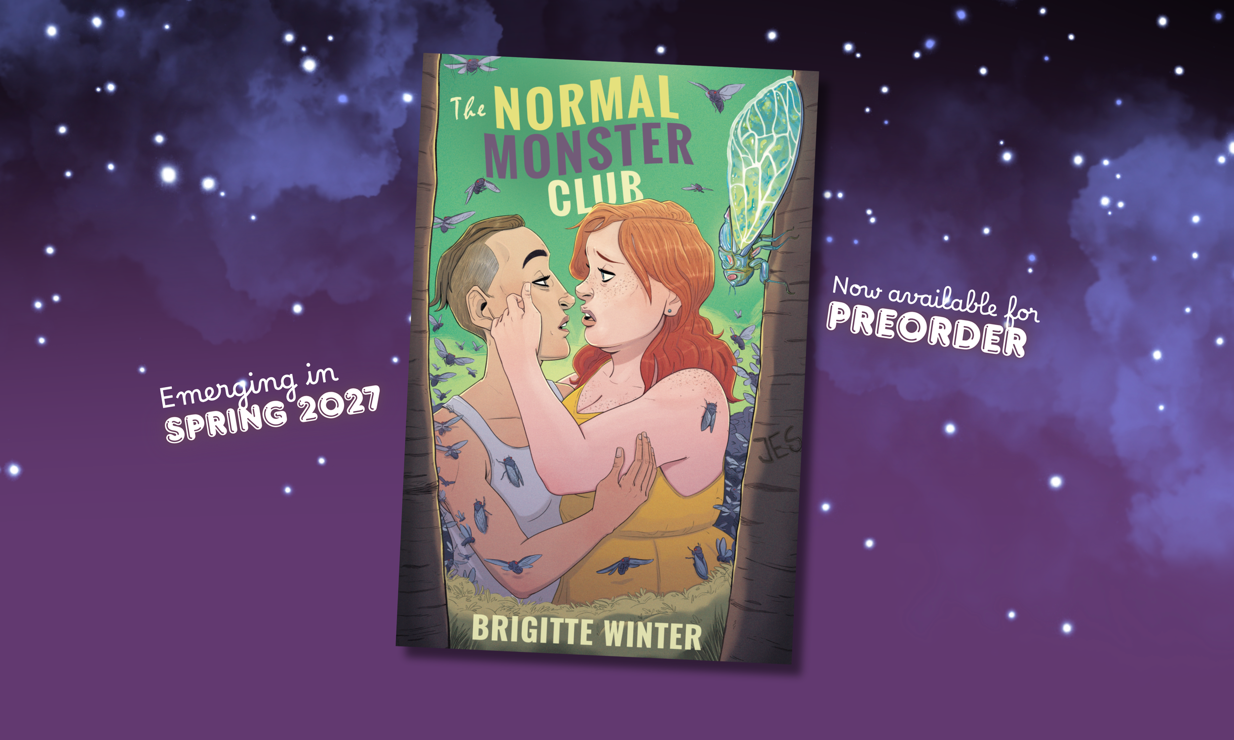 Book cover of 'The Normal Monster Club' by Brigitte Winter, featuring an illustration of two women looking at each other, about to kiss, surrounded by swarming cicadas, with a green background and a night sky with stars in the background.
