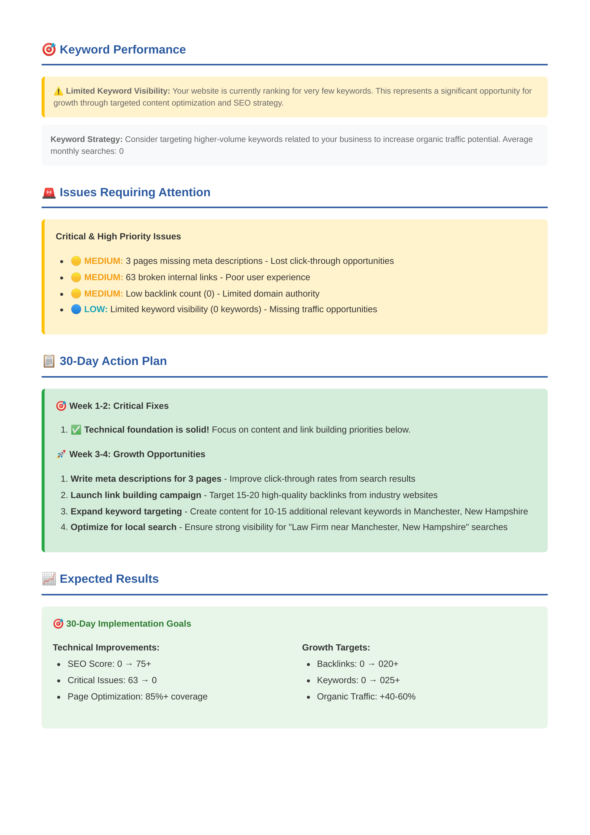 Screenshot of a digital marketing report showing keyword performance, issues requiring attention, an action plan, and expected results, with sections highlighted in various colors.