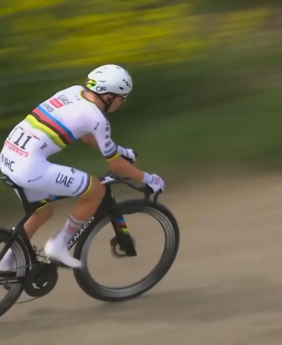 Tadej Pogačar riding the cobbles at Paris Roubaix 2026