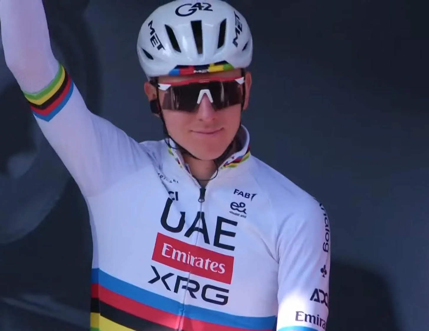 Tadej Pogačar waves to the fans at Liège Bastogne Liège 2026