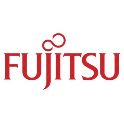 Fujitsu logo with stylized black and red design.