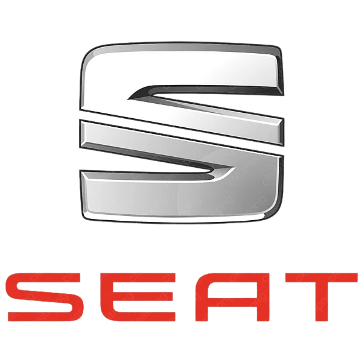 A metallic logo of the letter 'S' with a shiny silver finish and black accents, accompanied by the partially visible red and white text 'SEAT' underneath.