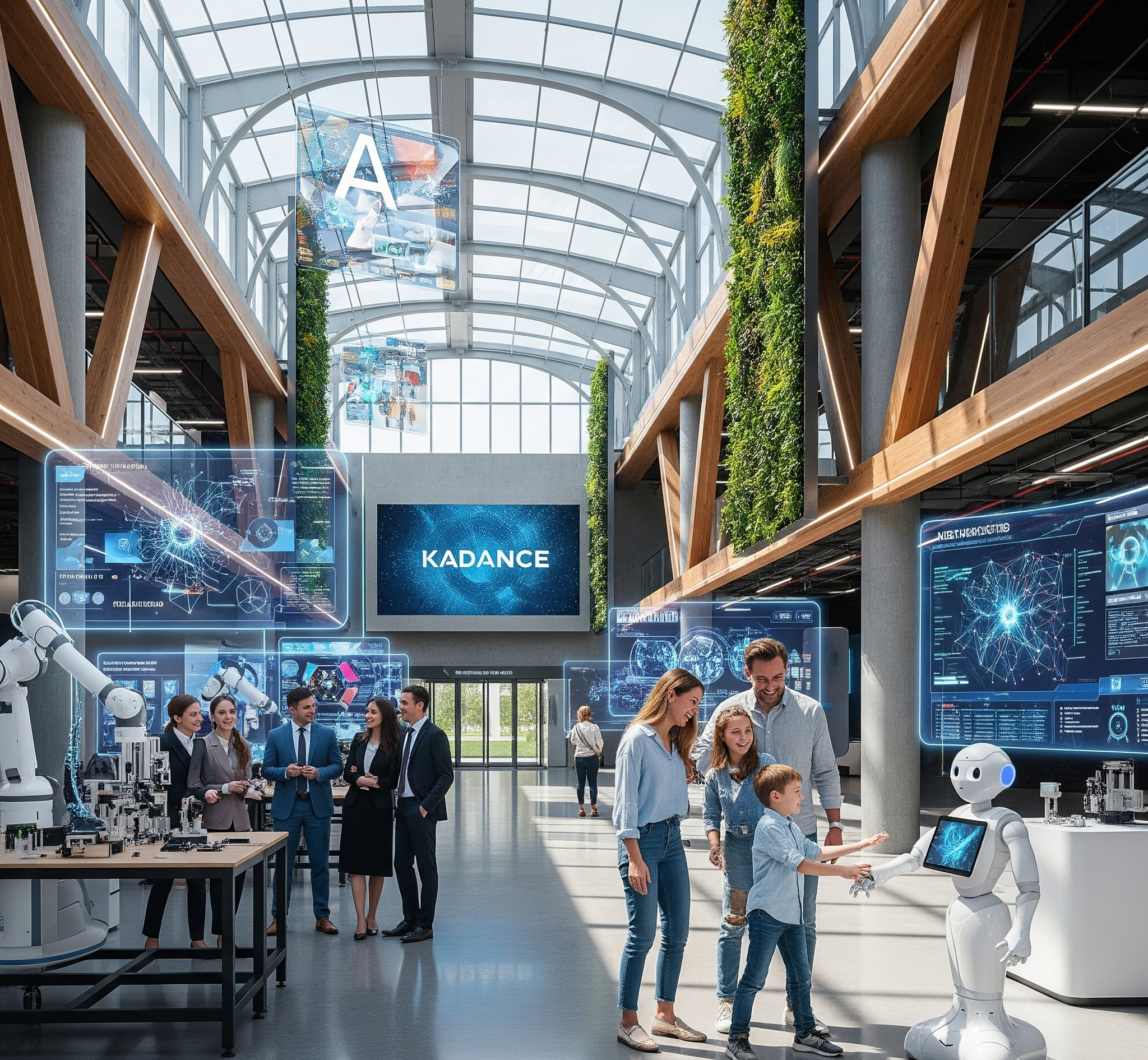 People interacting with a friendly robot in a modern technology exhibition or innovation center, with large digital screens and robotic equipment on display.