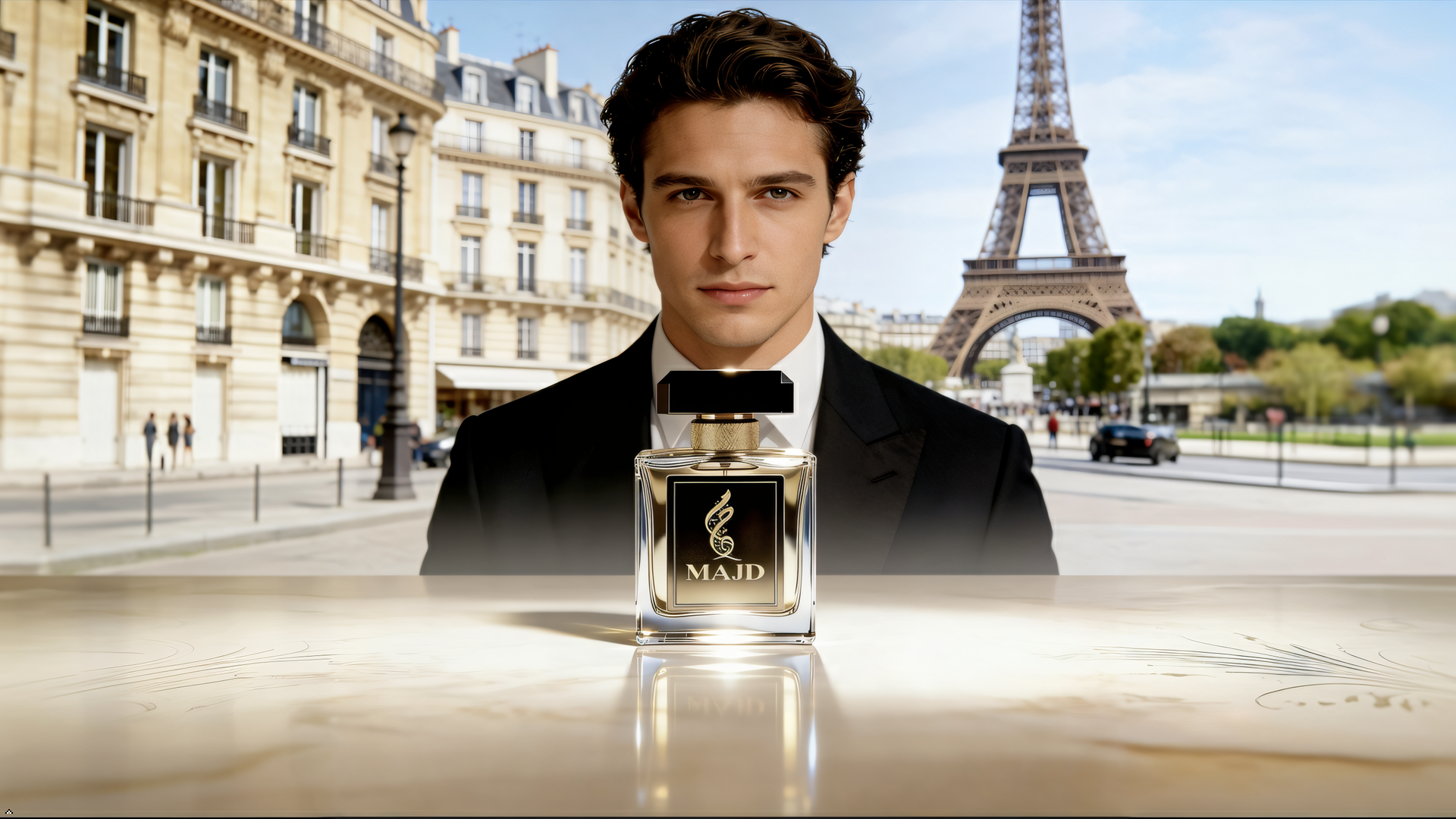 A young man with dark hair in formal attire stands outdoors in front of the Eiffel Tower in Paris, holding a bottle of perfume labeled 'MAJD' with a black and gold design.