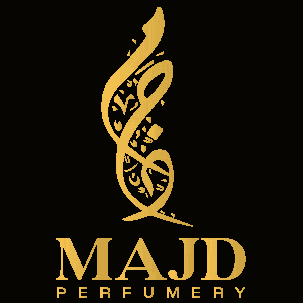 Gold and black logo of Majd Perfumery featuring Arabic calligraphy and text