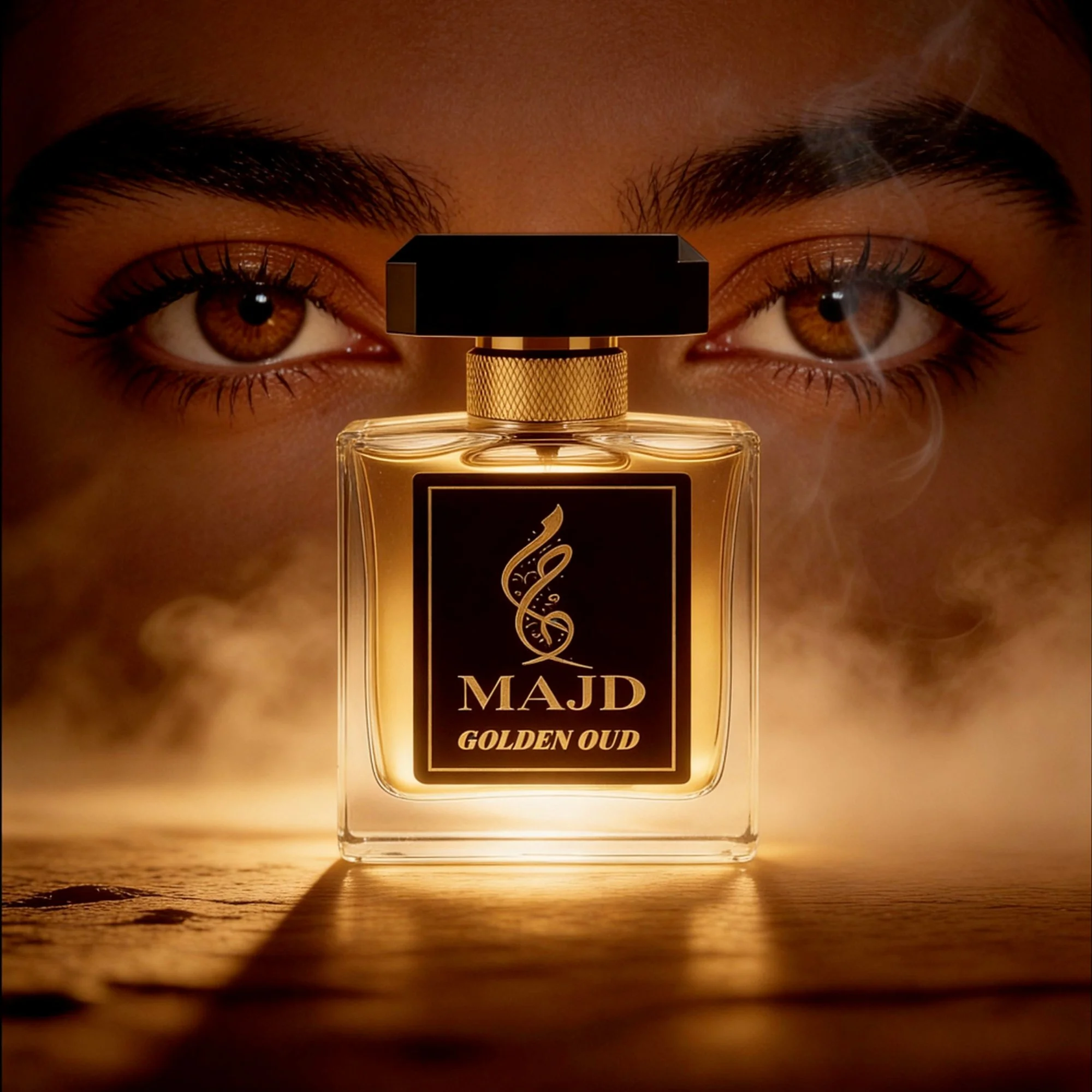 A perfume bottle labeled 'MAJD Golden Oud' in front of a person's face with brown eyes and dark eyebrows, with the eyes framing the bottle.