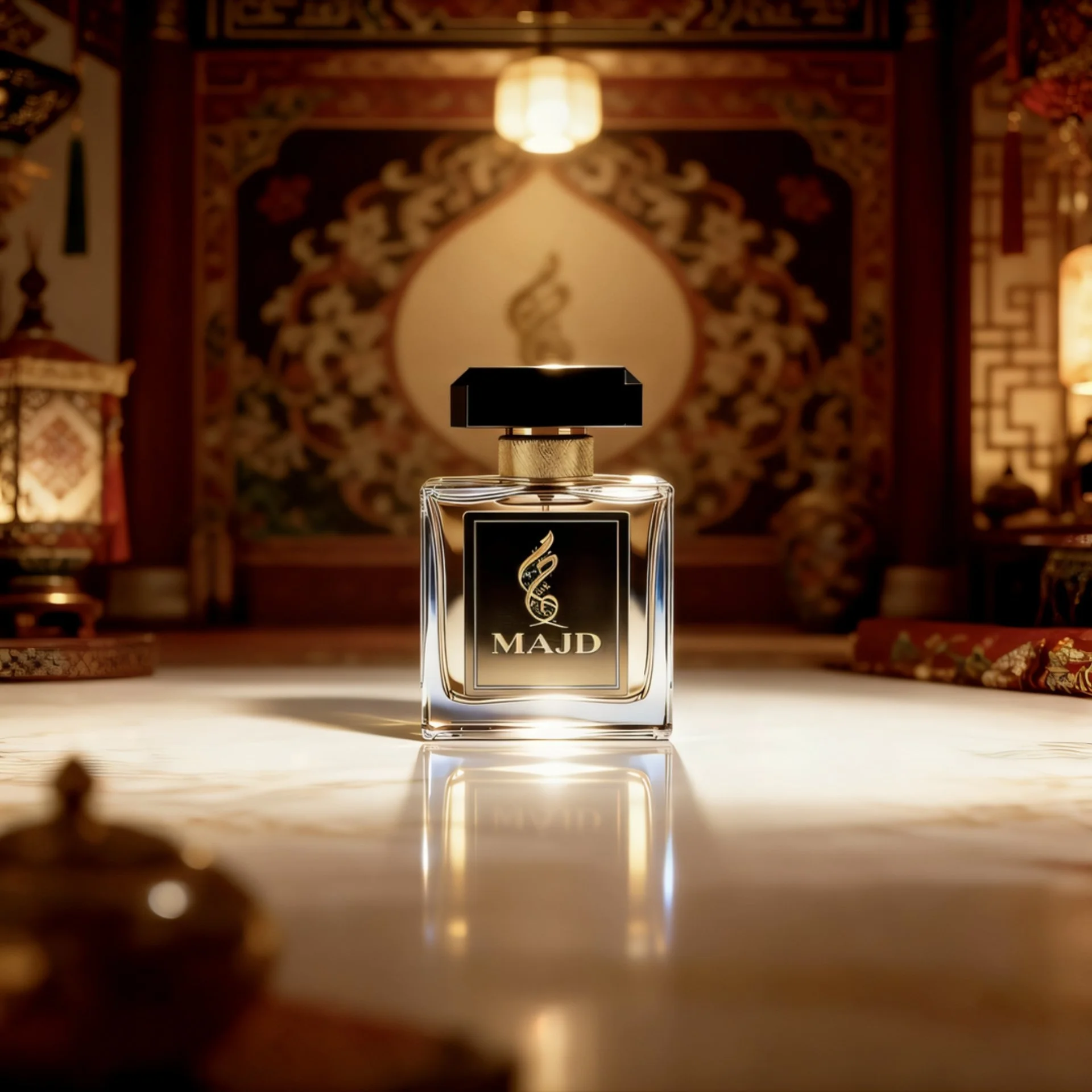 A perfume bottle labeled MAJD with a black cap, placed on a polished surface in a richly decorated room with traditional Asian decor, featuring warm lighting and intricate patterns.