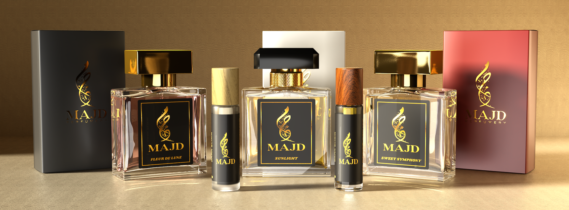 Set of four perfume bottles with black and gold labels reading 'MAJD' and different names, with matching boxes behind, in a gold-toned setting.