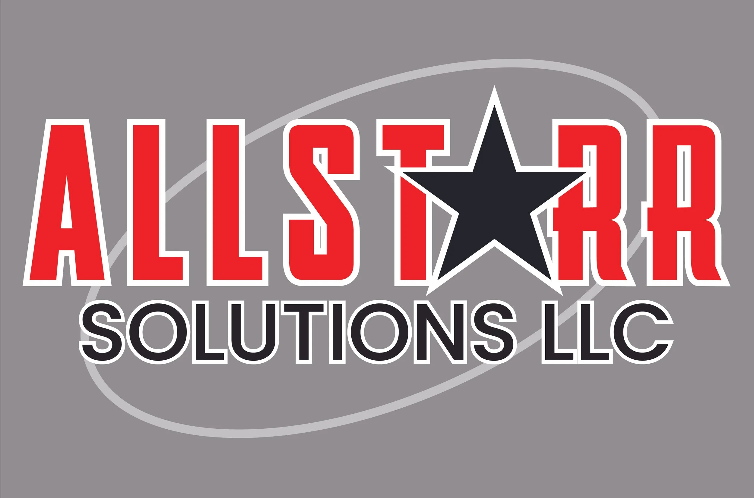 Logo for AllStar Solutions LLC with red and black text, a black star in the middle of the words, and a gray background with white and gray oval design elements.