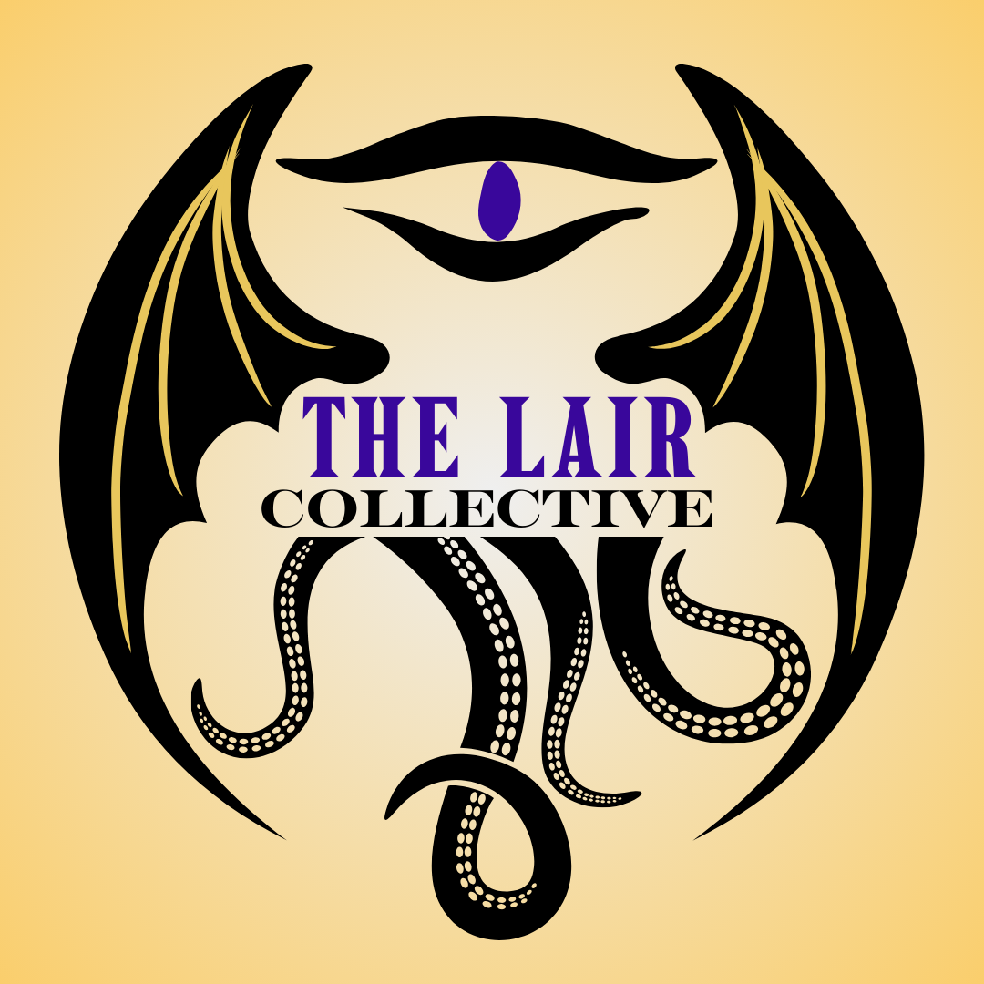 Logo for The Lair Collective featuring a black dragon wings, an eye of a wolf, and octopus tentacles, set against a beige background.