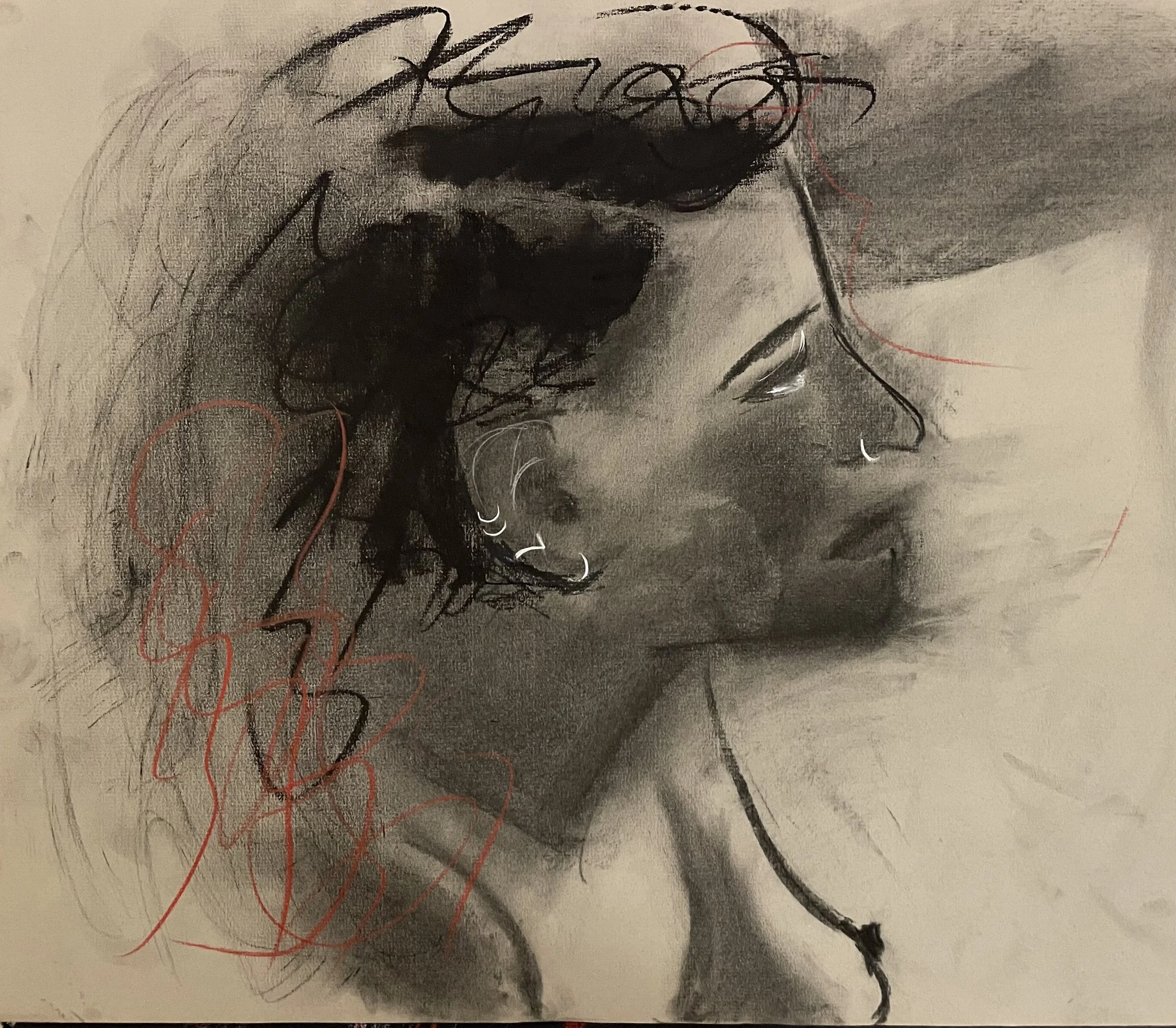 A sketch of a person's side profile, featuring curly hair, a nose, and lips, drawn with black, gray, and red pencil strokes.