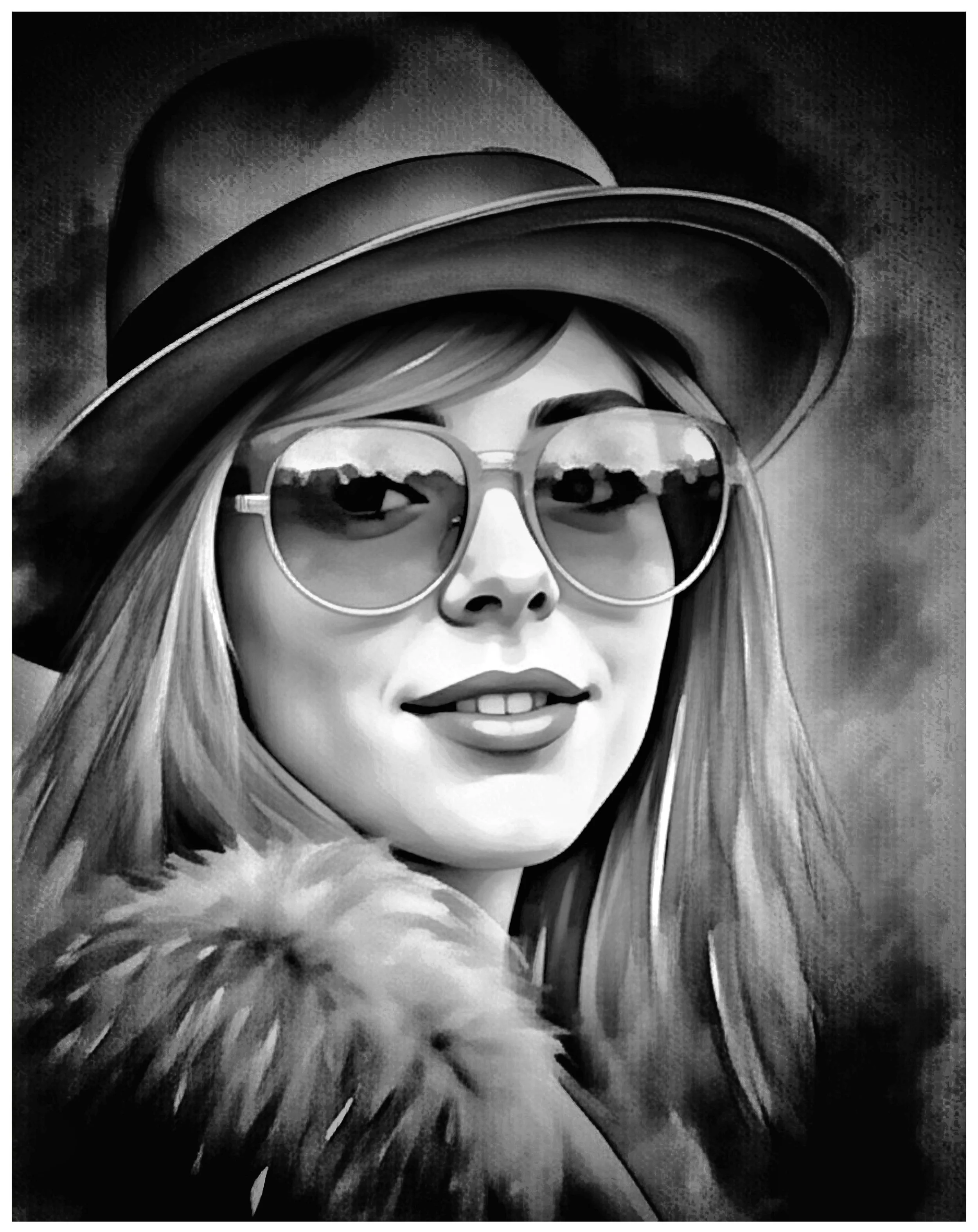 Black and white portrait of a woman wearing a wide-brimmed hat, large sunglasses, a fur collar, and smiling.
