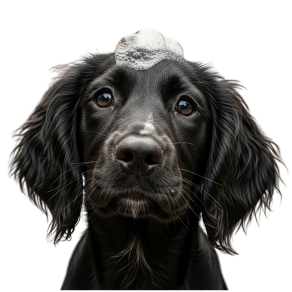 A black dog with long floppy ears and brown eyes, with a white foam shape on its head that looks like a dollop of whipped cream or foam. in Stratford upon Avon