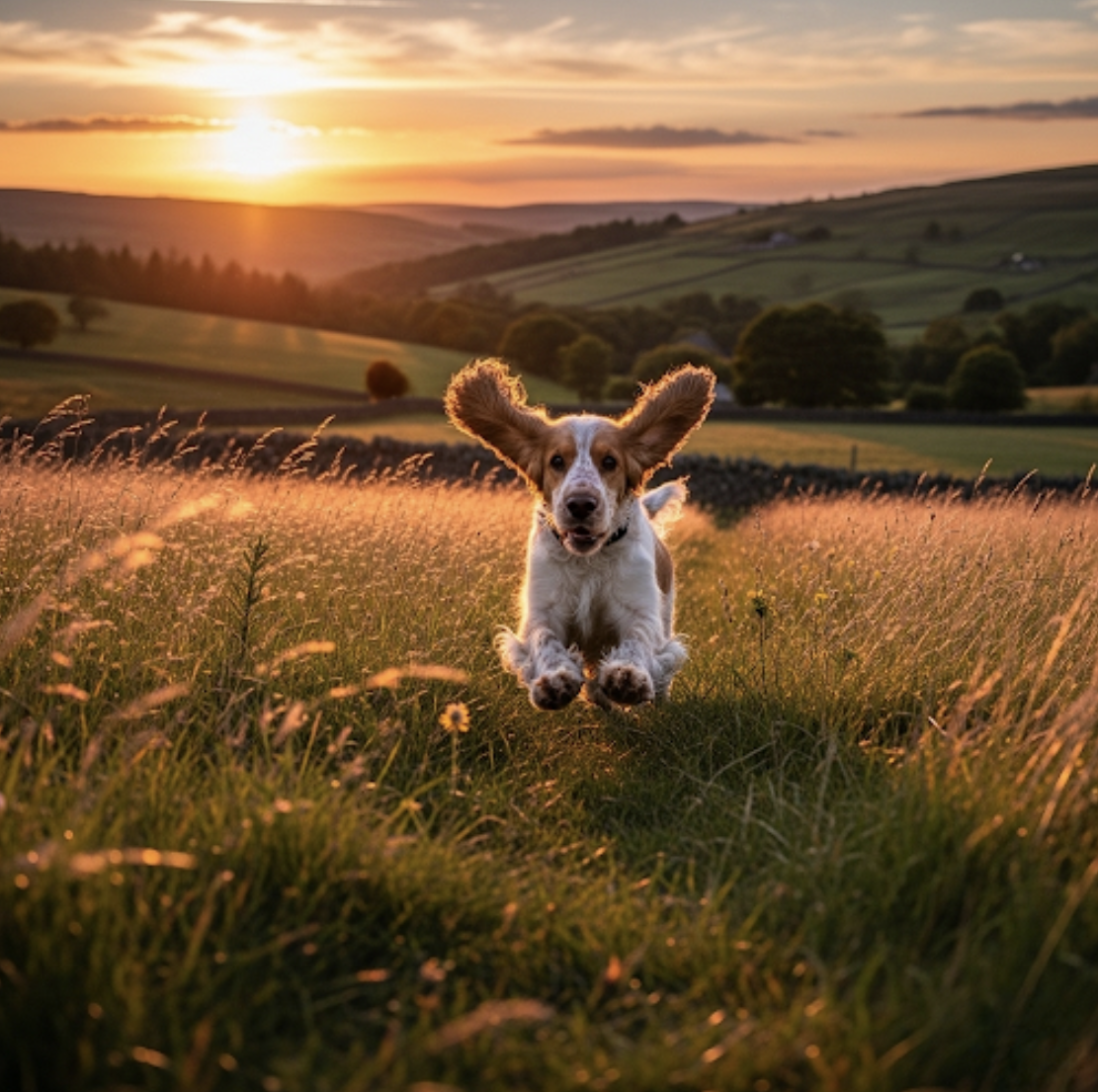 A joyful dog with large ears running through a grassy field at sunset, with rolling hills and trees in the background. in Stratford upon Avon