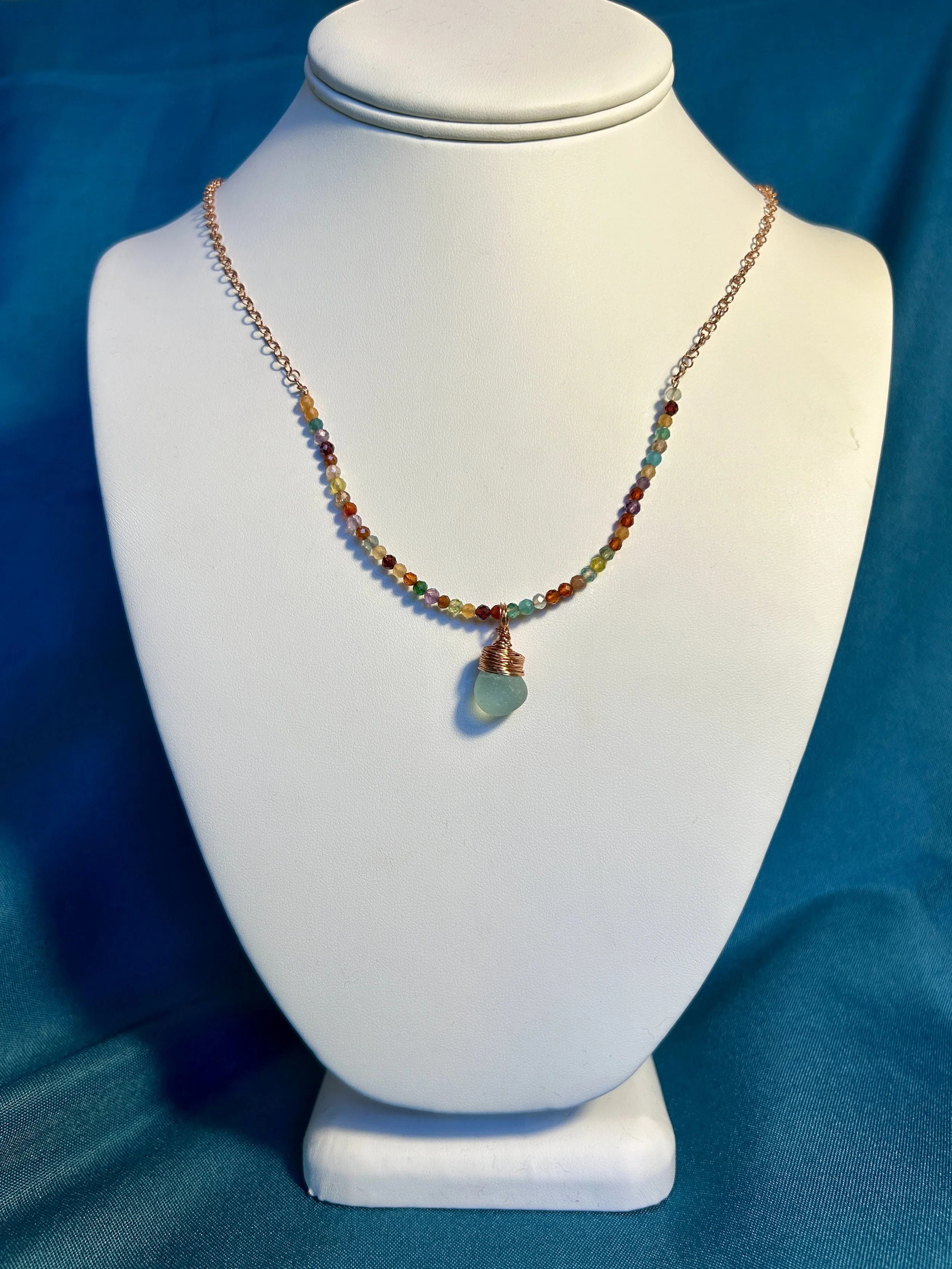 Aqua sea glass on a beaded chain