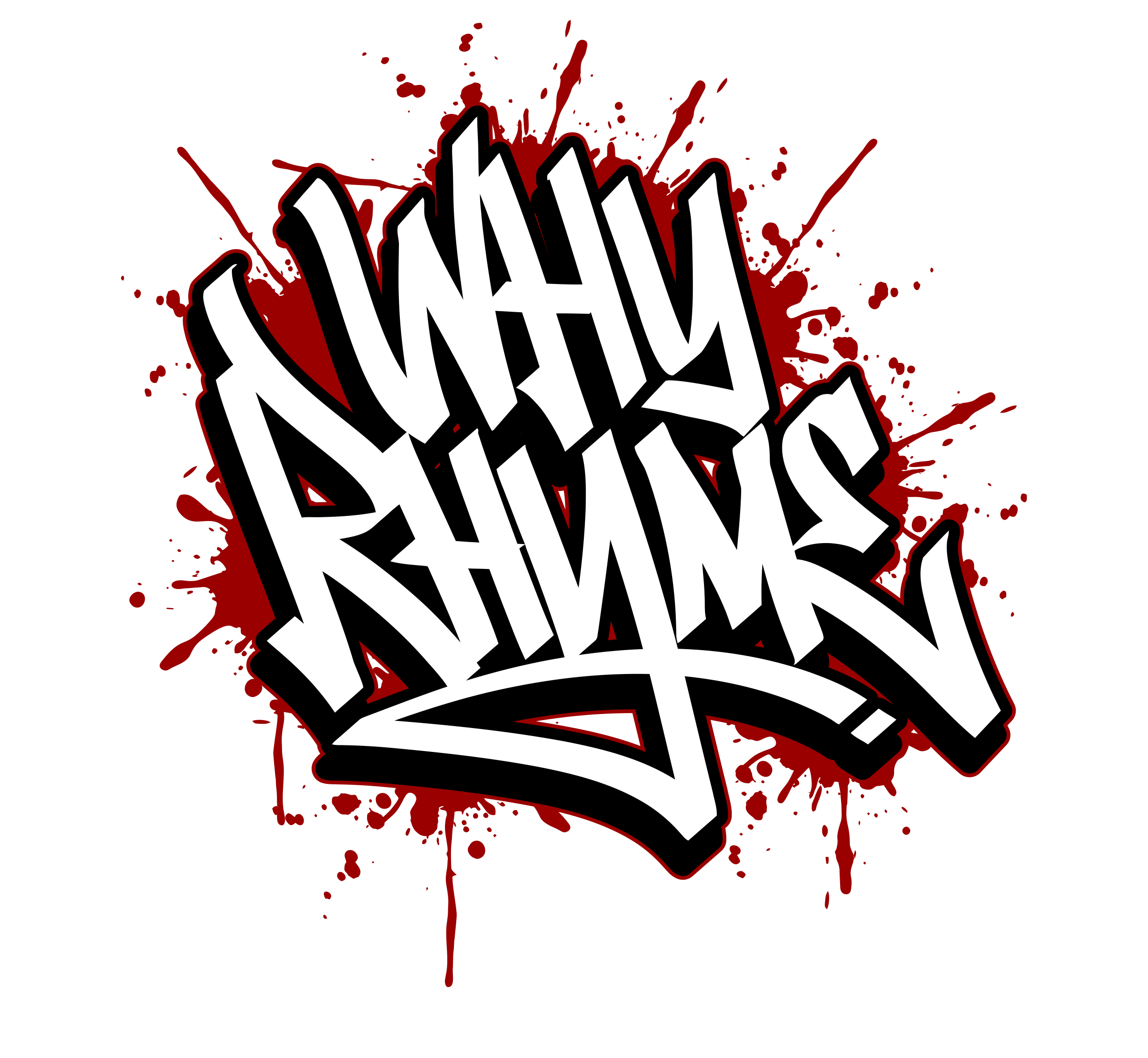 Graffiti-style text reading "Never Rum" with red splatter background on black.