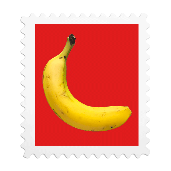 A banana placed on a red background inside a postage stamp outline.