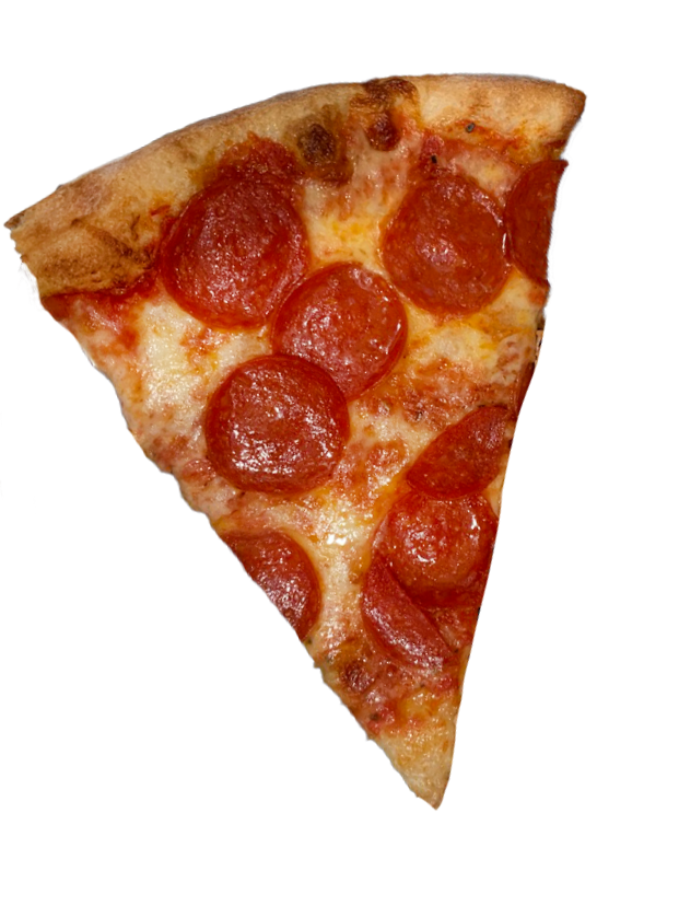 A slice of pepperoni pizza with melted cheese and a golden crust.