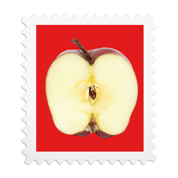 A postage stamp design featuring a cross section of a red apple with a red background.