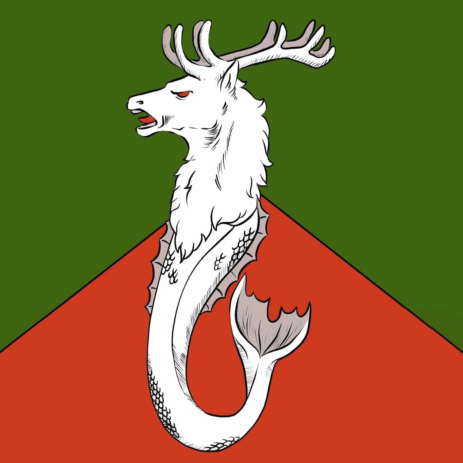 Flag featuring a white mythical creature with the body of a fish and the head of a deer, with prominent antlers, on a divided background of green and red.