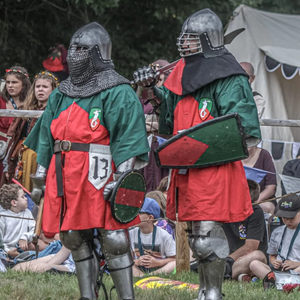 Two men dressed as medieval knights in armor, wearing green and red tunics with a heraldic emblem, standing among an audience at a reenactment event.