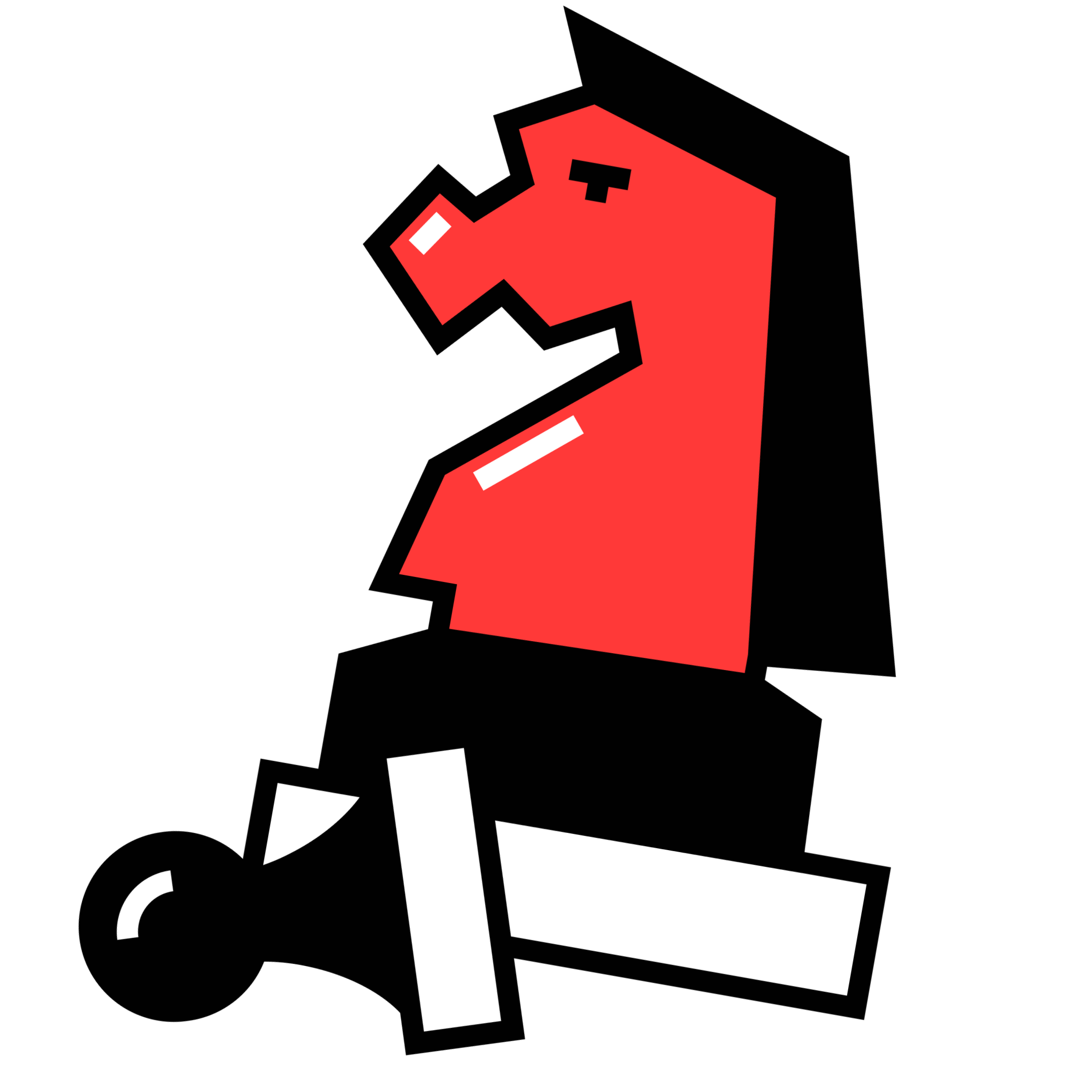 Abstraktes geometrisches Kunstwerk in Rot, Schwarz, Weiß, mit schwarzen Hintergrund und weißen Linien.