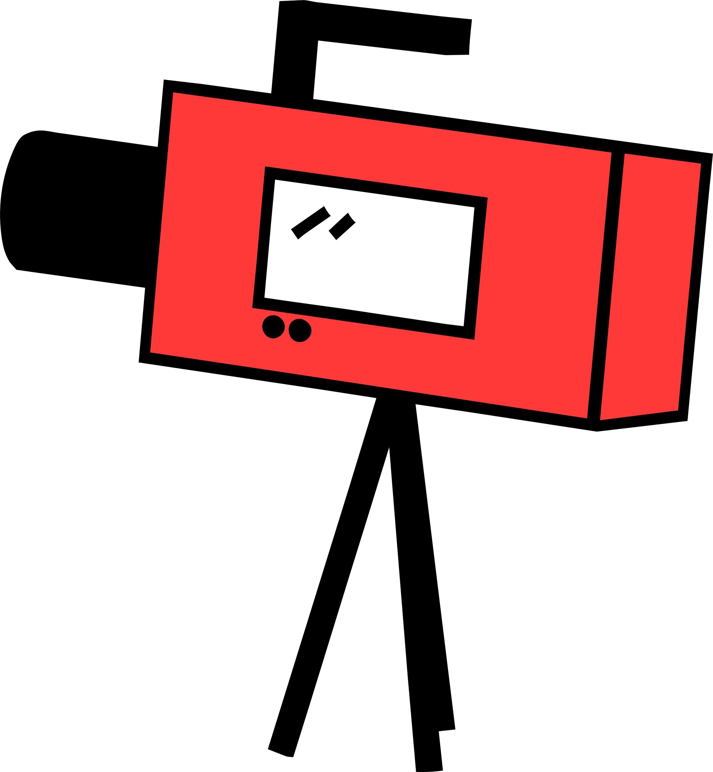 Abstrakte Illustration einer roten Camera. Beherrscht von schwarzen Umrissen, mit einer weißen Bildschirmanzeige und schwarzen Steuerknöpfen, auf einem schwarzen Stativ.