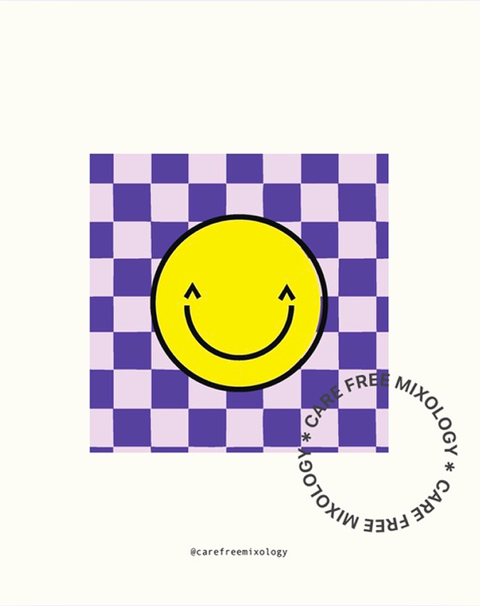 Yellow smiley face with closed eyes on purple and white checkered background, surrounded by the text 'CARE FREE MIXOLOGY' in a circle.