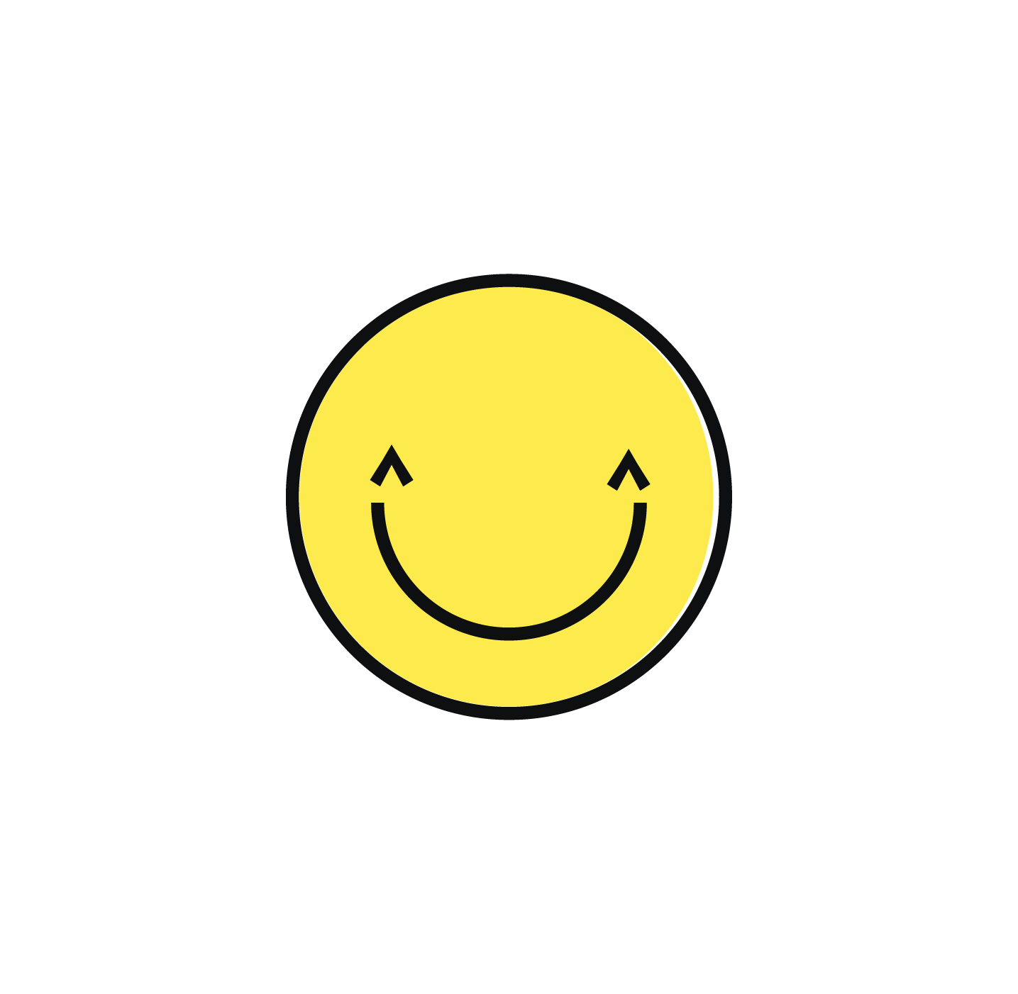 Black background with a central yellow smiley face with a big, closed-eye smile and curved lines above the eyes indicating happiness.