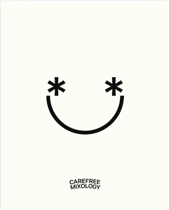 Design of a smiley face made with asterisks as eyes and a curved line as a mouth, with the words "CAREFREE MIXOLOGY" underneath.