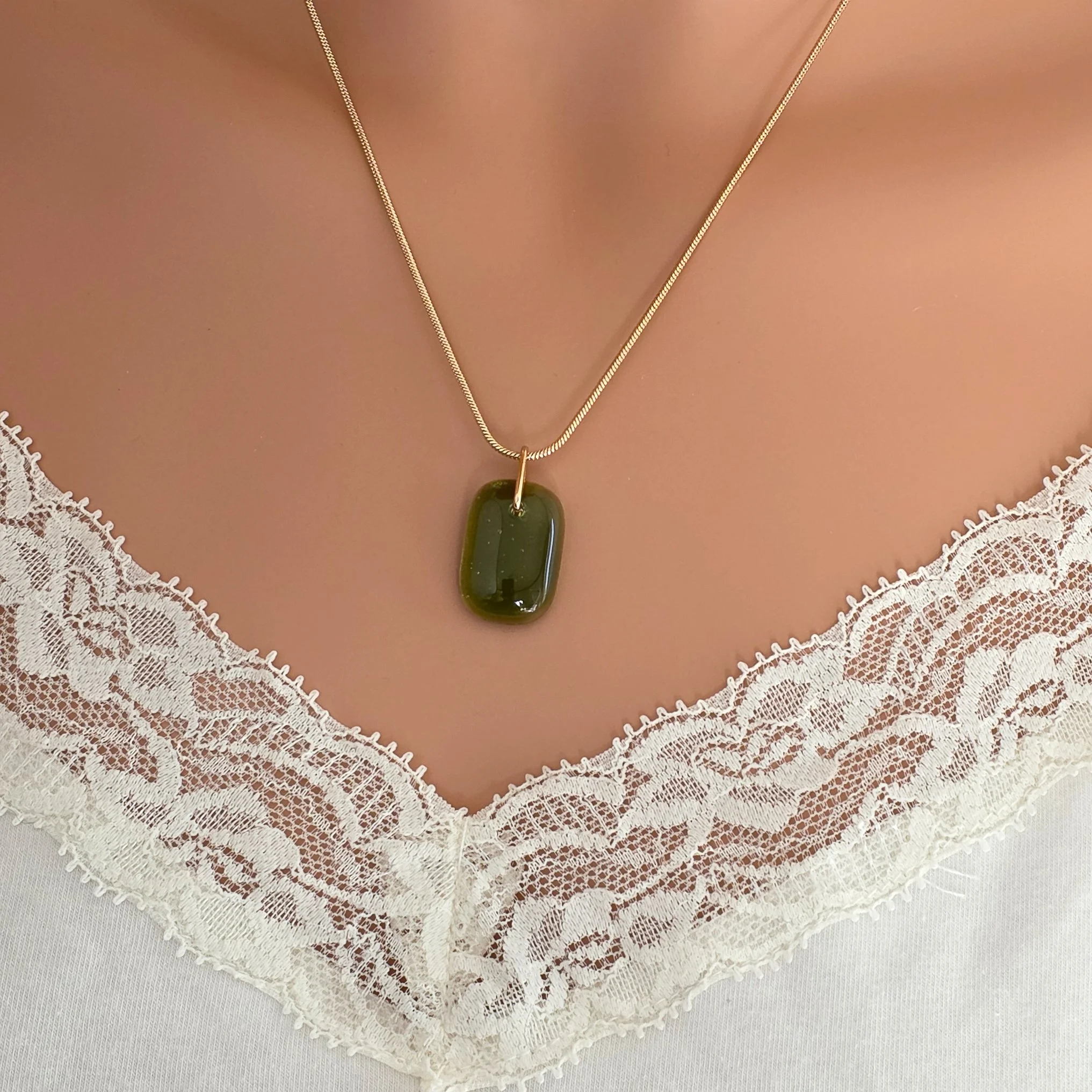 Fern Green Translucent Handcrafted Glass Pendant Necklace on an 18-Inch Gold Colored Snake Chain