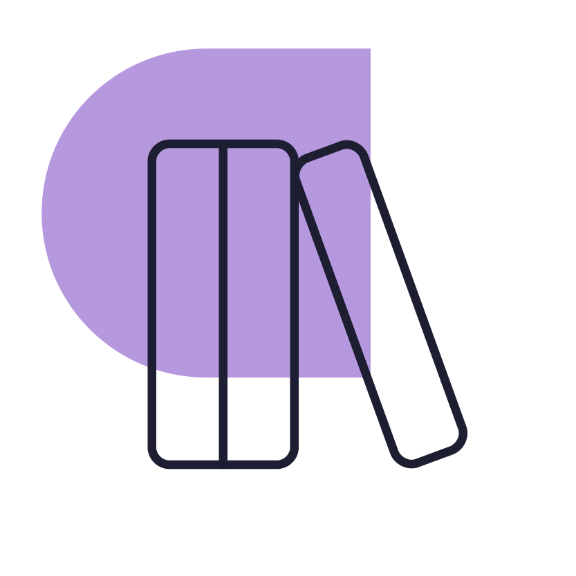 Minimalist illustration of three books in front of a purple semicircle background.