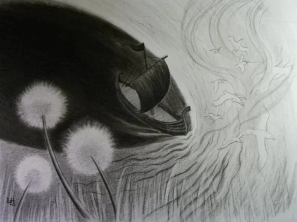 'Only one ship...' charcoal and pencil drawing. I made this in response to Philip Larkin's famous poem 'Next, Please'.