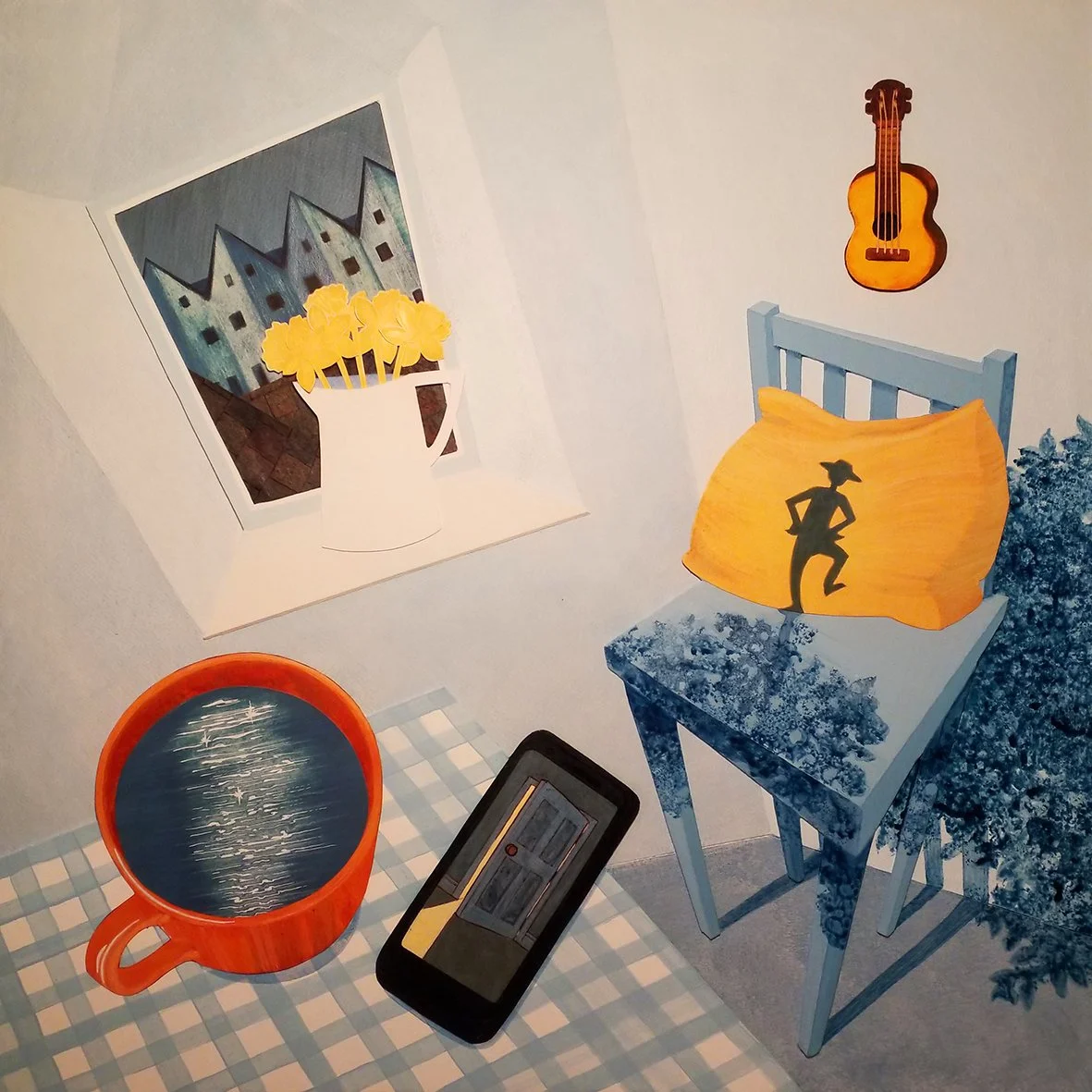 'The Yellow Ukulele' - acrylic painted card collage, made during the first covid lockdown, when we longed to get outside into the sunshine and play.