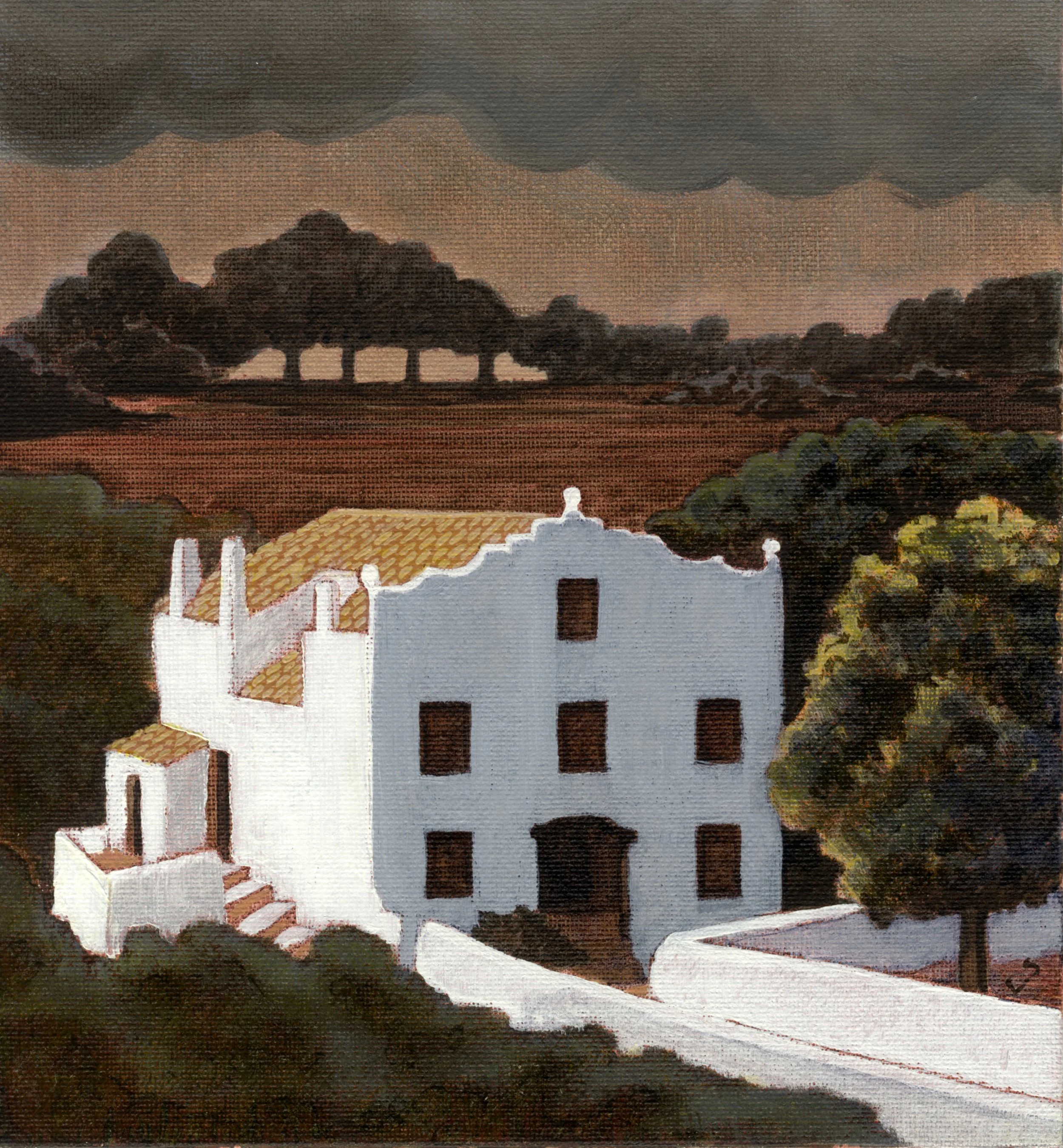 'Binigaus Vell' Farm Estate house near Es Migjorn Gran, Menorca. Oil on Board.