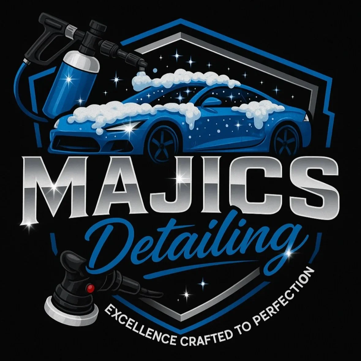 Logo for Majics Detailing featuring a blue sports car being washed with soap suds, a spray gun, and a buffer, with stars and a shield background, and text stating 'Excellence crafted to perfection'.