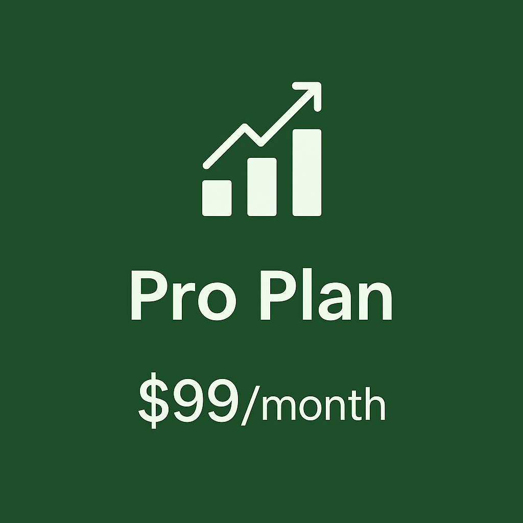 Green promotional graphic with white bar chart and upward arrow, text reads 'Pro Plan $99/month'.