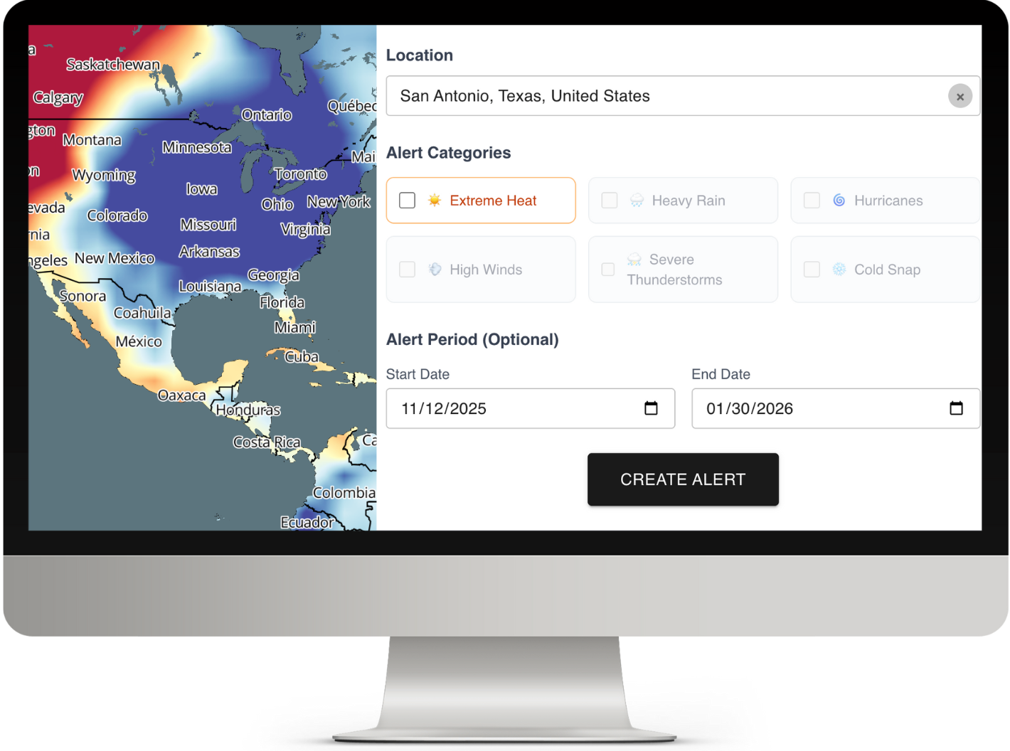 Map of North America highlighting map regions in the United States and surrounding countries, with a focus on Texas. Overlay of an alert creation interface with location set to San Antonio, Texas, and alert category for extreme heat.