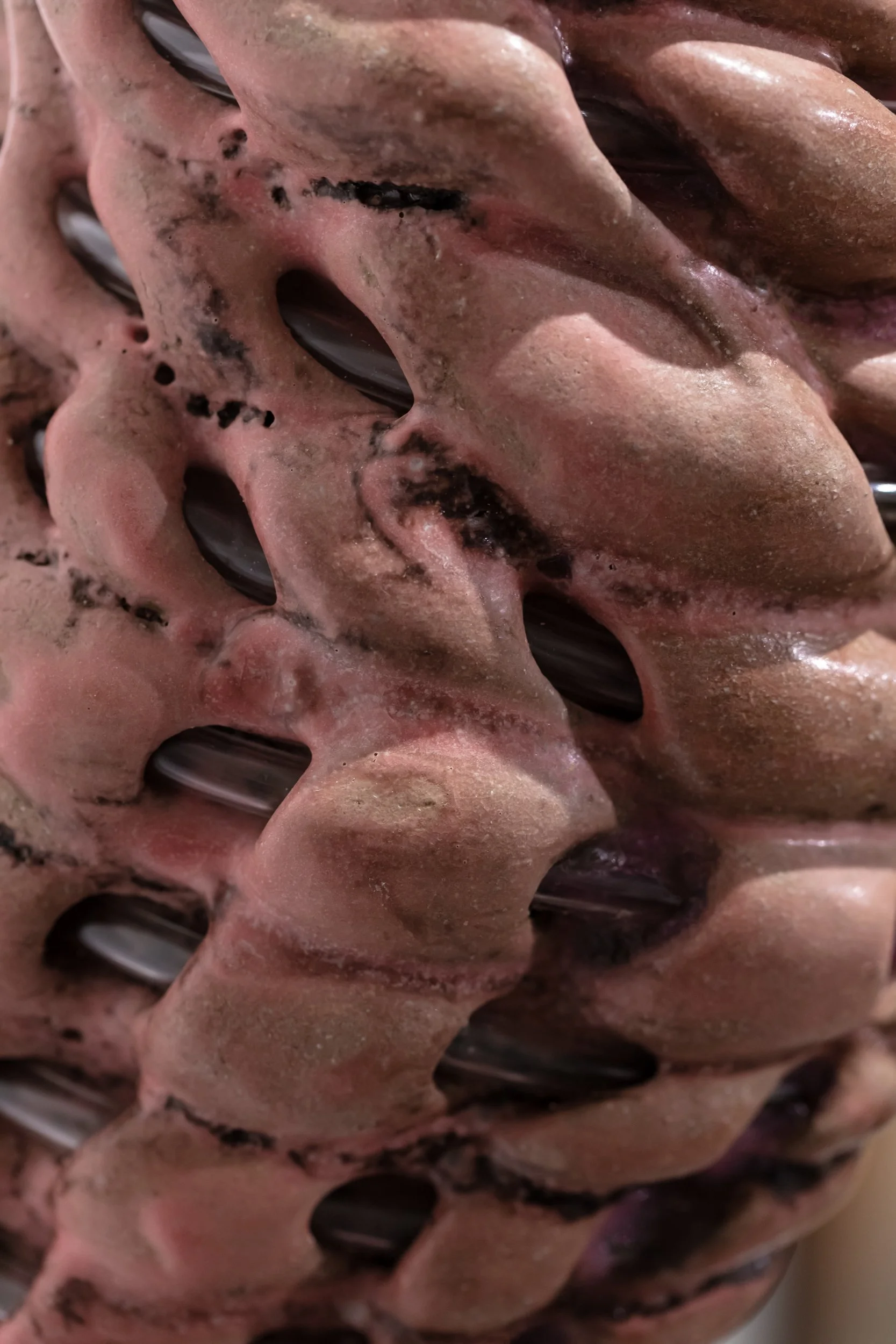 Larvae IV, 2026. Stoneware, glaze, IV medical tubes, silicone and steel. 18 in x 5.5 in x 8.5 in. 
 
Photo: Artdoc Chicago. 
