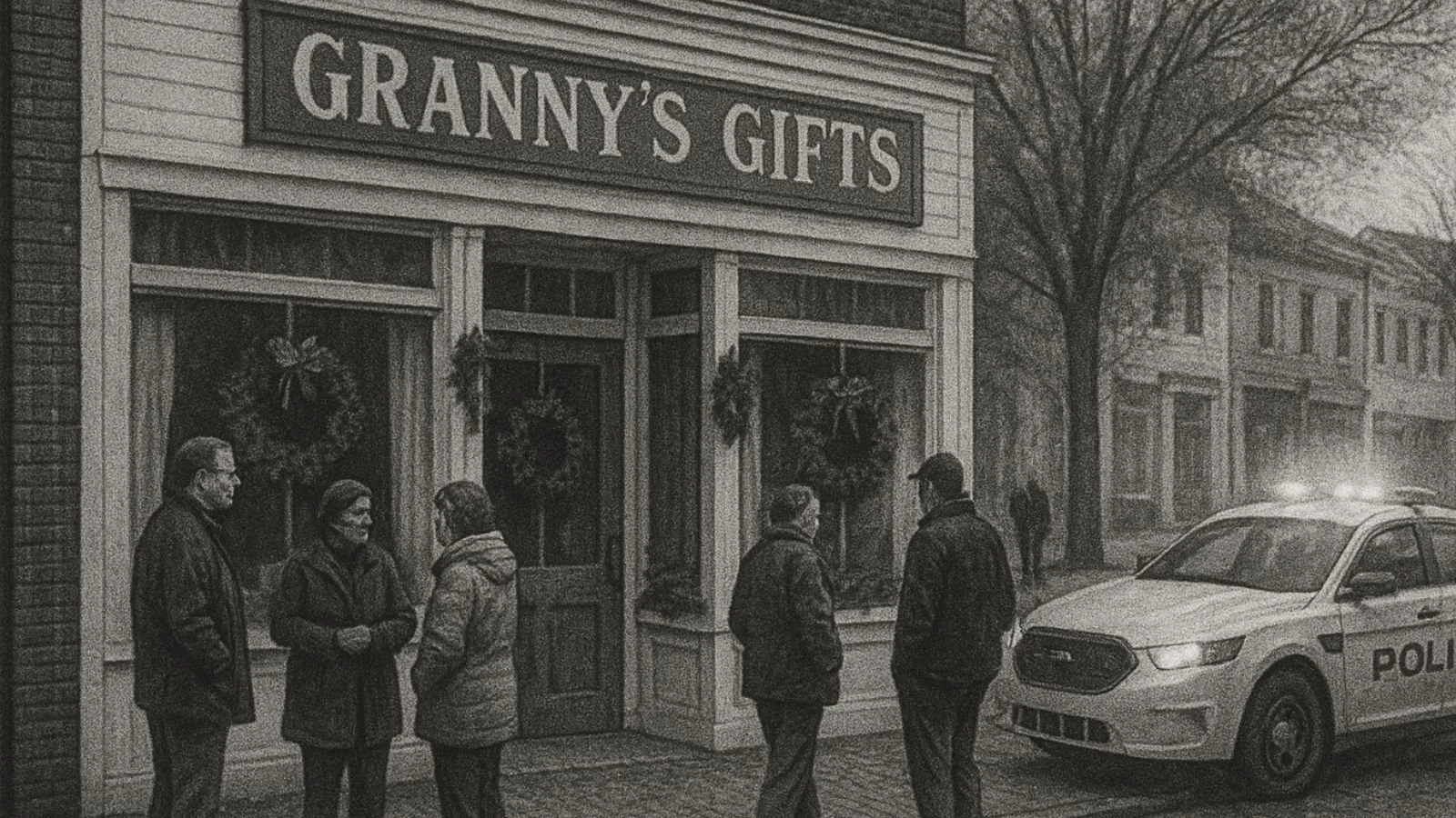 Granny’s Gifts storefront decorated for the holidays as townspeople gather nearby and a police car idles on Bay Street.