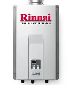 Rinnai tankless water heater with digital control panel.