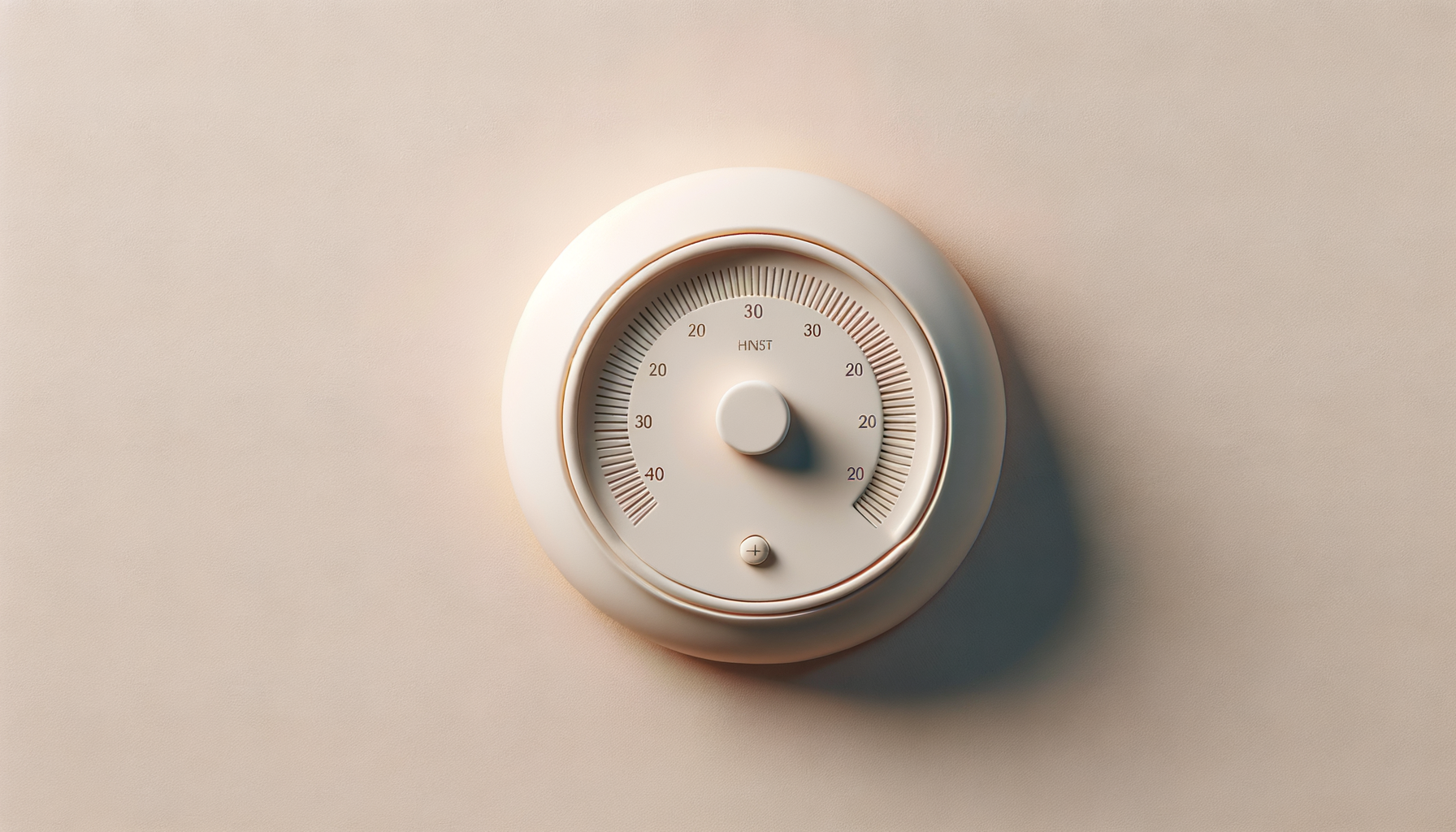 A round beige timer or thermostat mounted on a beige wall.